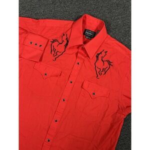High Noon Pearl Snap Shirt Men's Medium Red Western Horse Print Embroidered Flap